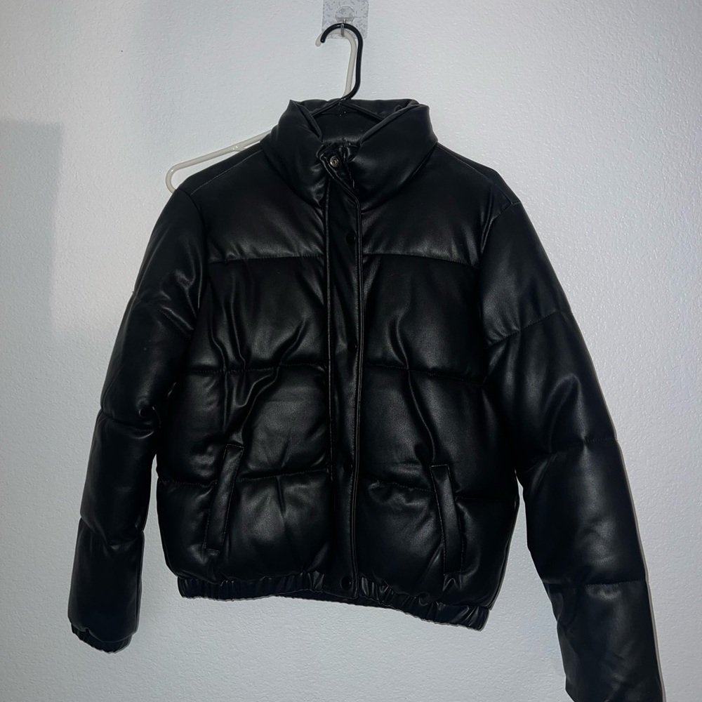 Black faux leather puffer jacket